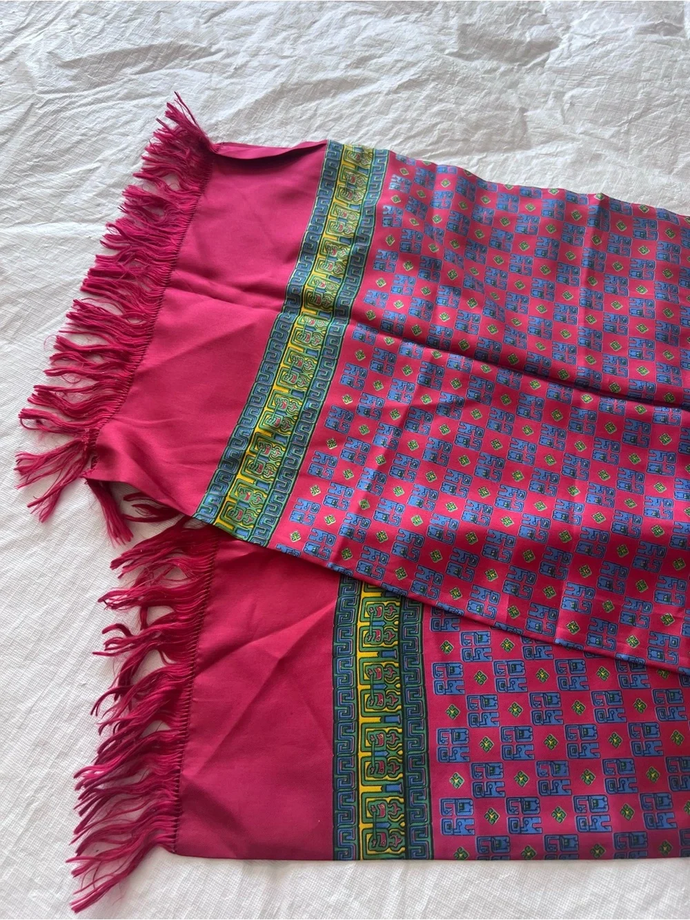Vintage Unisex Republic of China 100% Silk Hand Printed Fringe Scarf 11 x 50